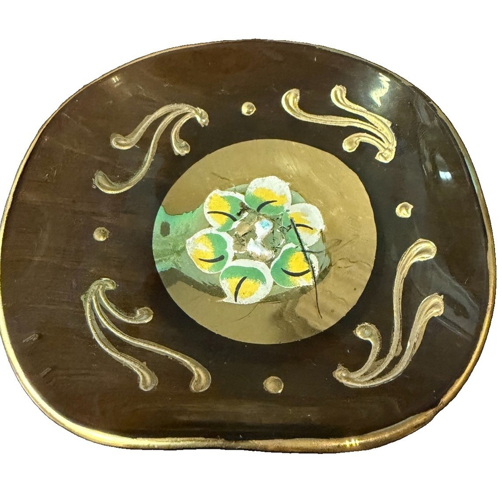 Vintage Made in Italy Glass Ashtray Trinket Dish Hand Painted Gold Floral 4" - Picture 5 of 7